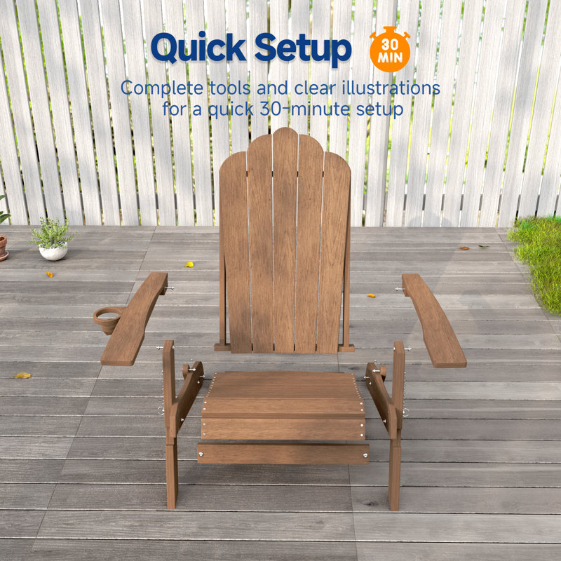 Ergonomic Folding Adirondack Chair with Cup Holder, All-Weather Patio Adirondack Chair for Outdoor, Easy Assembly, Teak