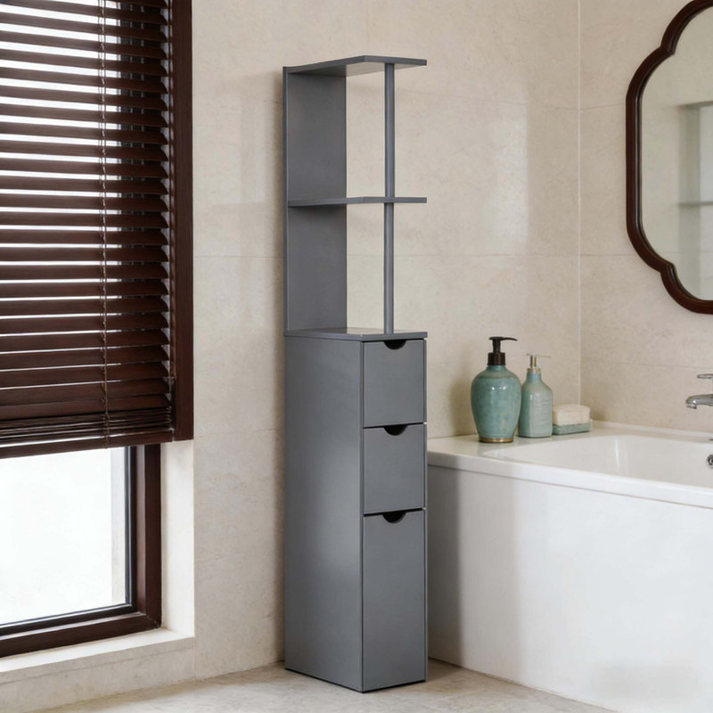Tour de rangement mince et autoportante verticale, armoire de rangement pour salle de bain étroite, Gris