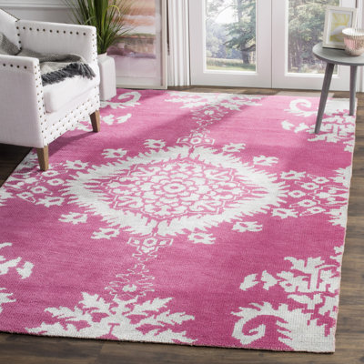 Tapis ikat en laine / viscose / coton noué à la main Stone Stone rose / blanc