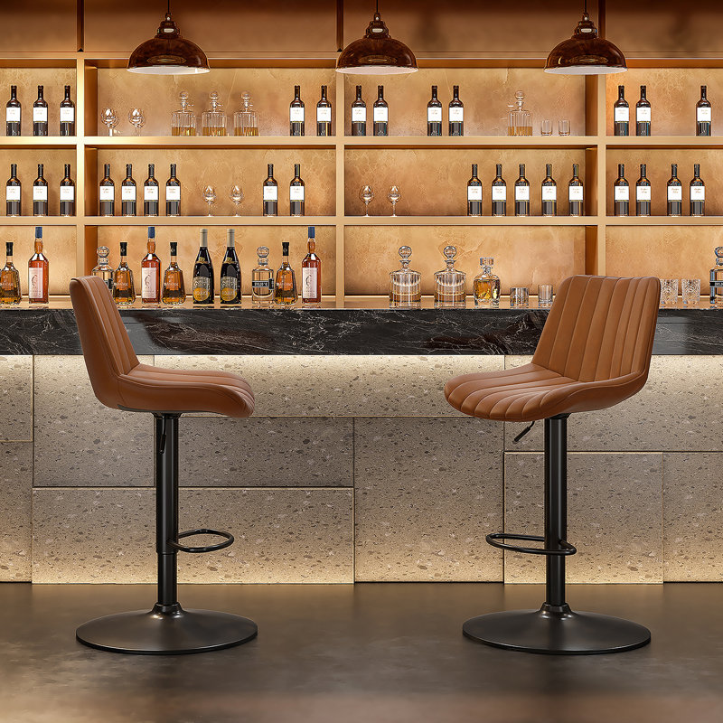 Ensemble de 2 tabourets de bar, tabourets de bar pivotants réglables, tabourets de hauteur de bar avec support pour le dos, chaises de bar à hauteur de comptoir en similicuir pour îlot de cuisine rustique, brun