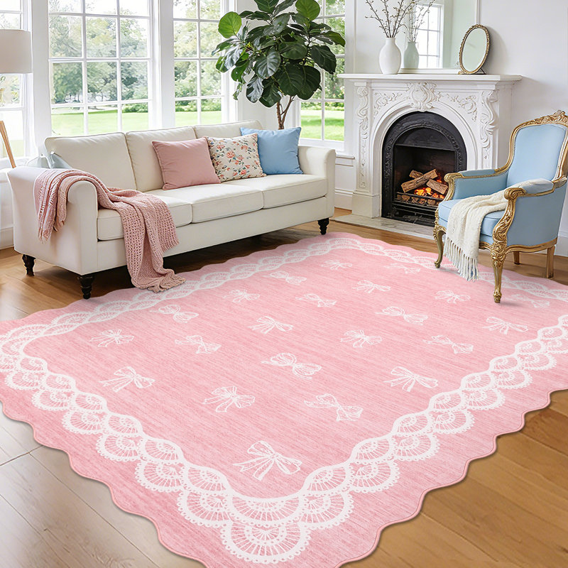 Scalloped Edge Bow Print Area Rug, Washable Non-Slip Low Pile Carpet for Living Room Bedroom, Cute Lace Border Soft Floor Mat for Home Decor