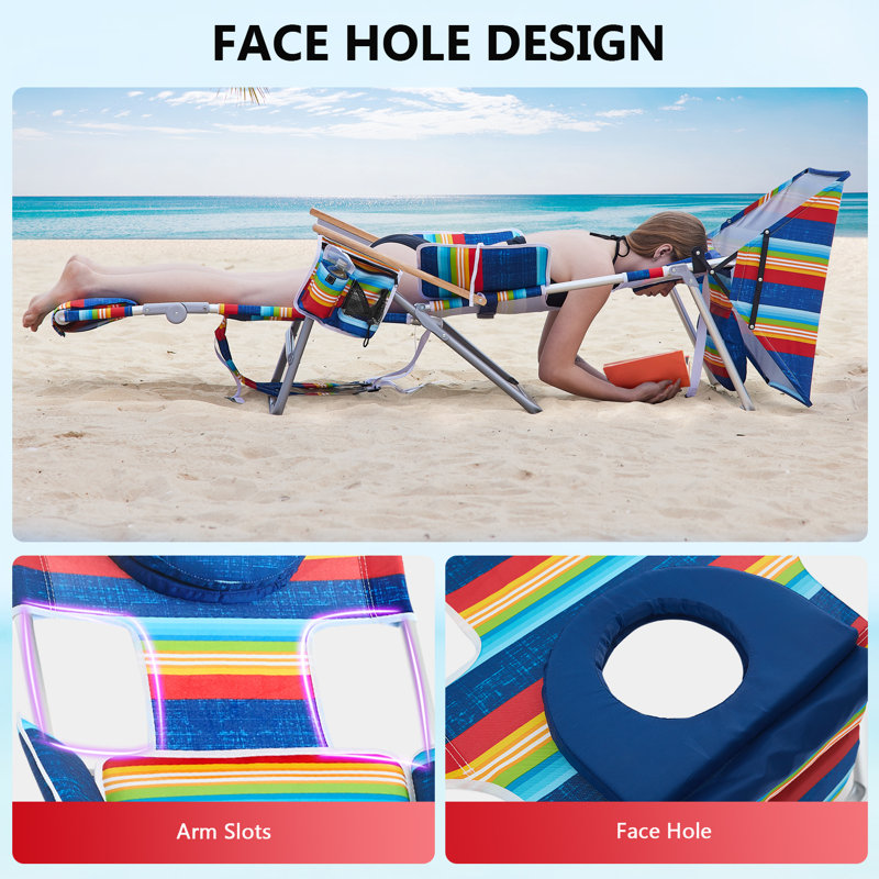 Backpack Folding Beach Chair With Adjustable Sunshade, Backrest And Footrest, Reclining Lounge Chair Facedown Tanning Chair For Beach Camping Pool Patio