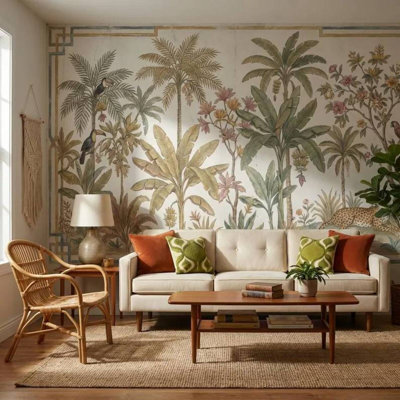 Tropical Jungle Safari Animals and Palm Trees Mural Wallpaper