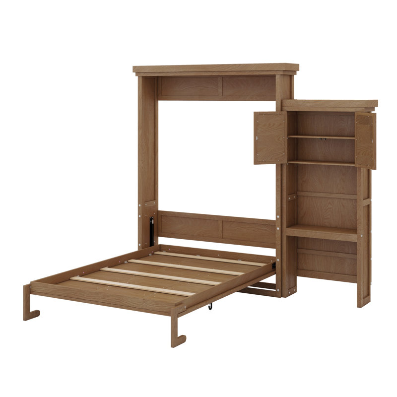 Lit escamotable avec plusieurs tablettes de rangement et décoration à persiennes, Bois