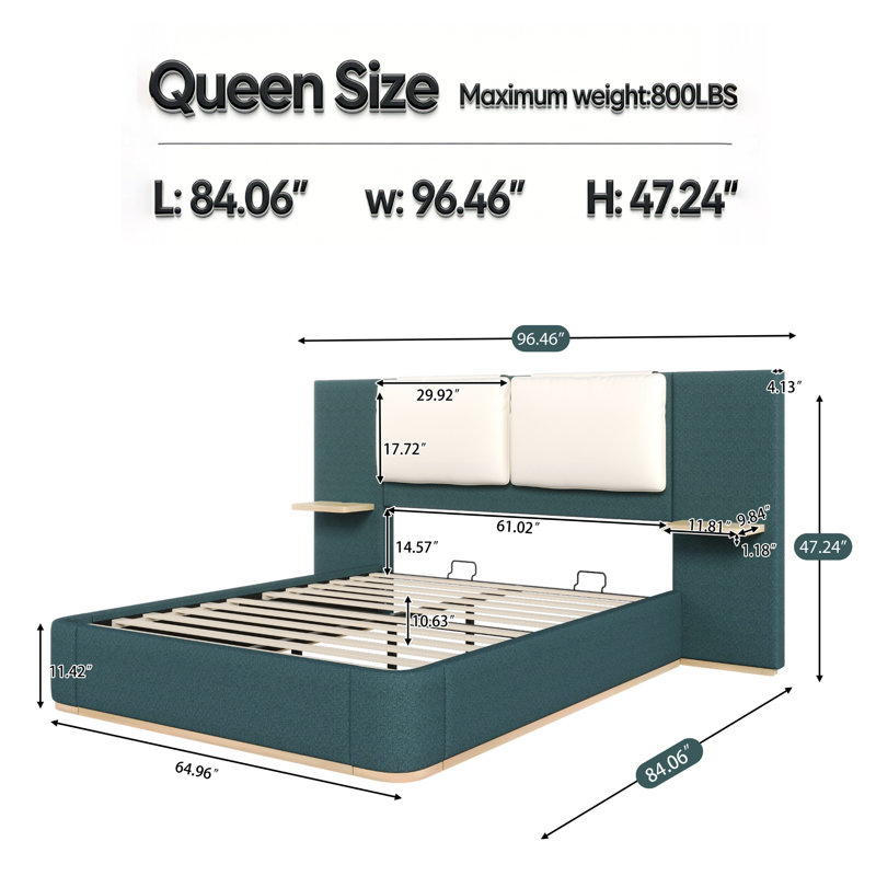 Upholstered Platform Bed with Extended Headboard and Floating Nightstand, Low Profile Bed Frame without Footboard, Green Beige, Queen