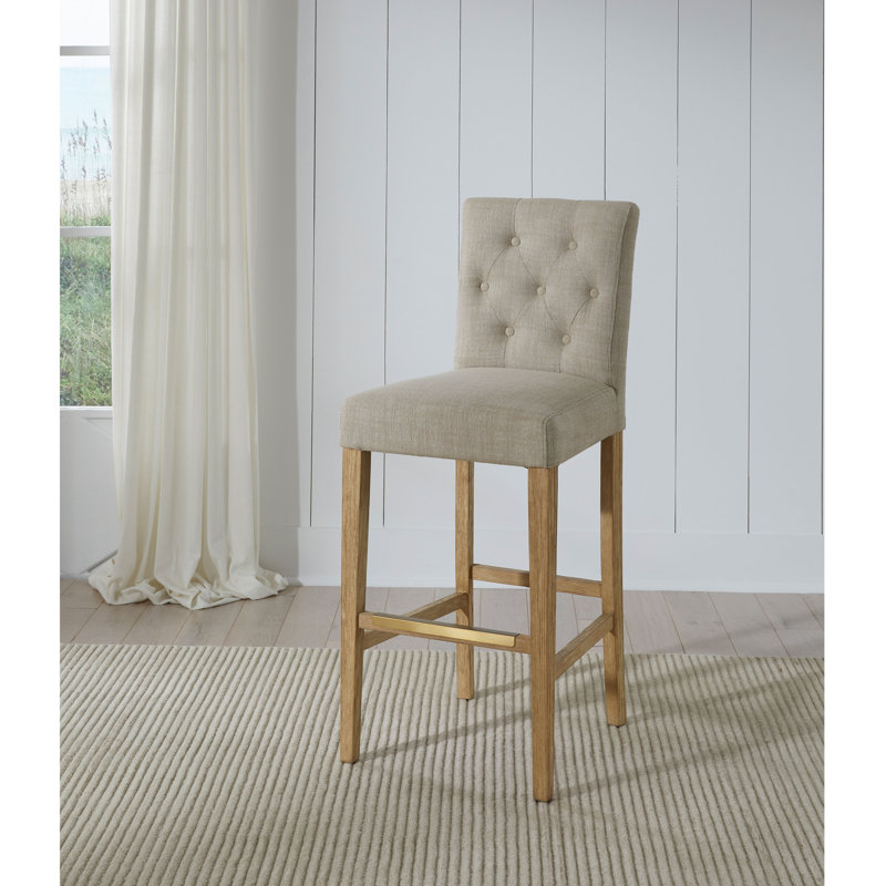 American Heritage Port Royal Upholstered Bar Stool – Tufted Linen-Style Stool with Full Back & Metal Footplate, Sahara Sand/White Oak