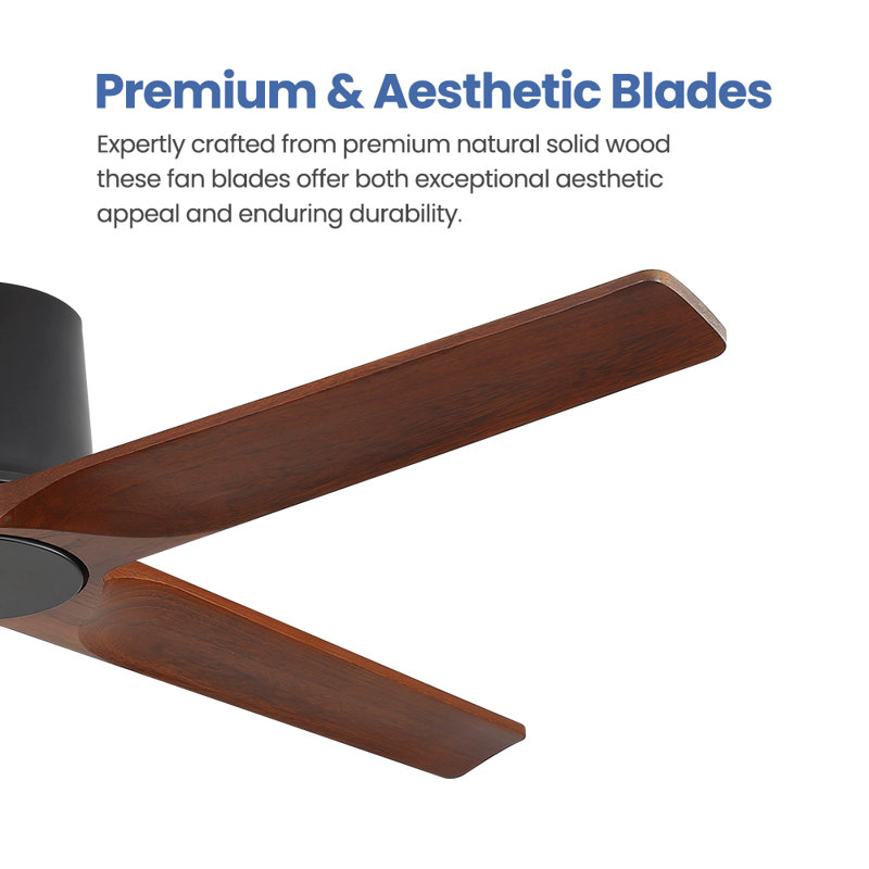 Ventilateur de plafond encastré standard à 4 pales en bois massif avec télécommande, Noir, 48, Noyer