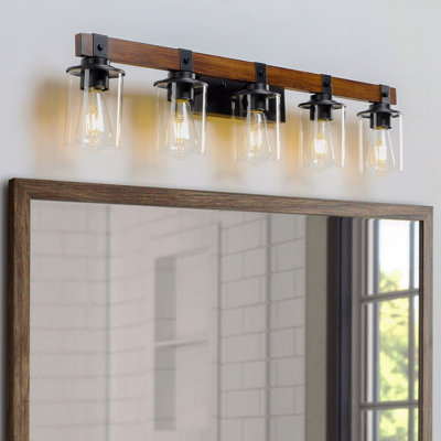 35" Rustic Style 5-Light Configuration Vanity Light Fixture, Industrial For Bathroom Use Wall Sconce With Glass Material Shades And Wood Accent, Modern Style Farmhouse Style Lighting Fixture