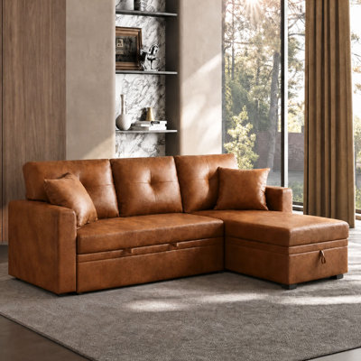 71" Air Leather L-Shaped Sleeper Sectional Sofa with Pull-Out Bed and Storage Chaise, for Living Room Office