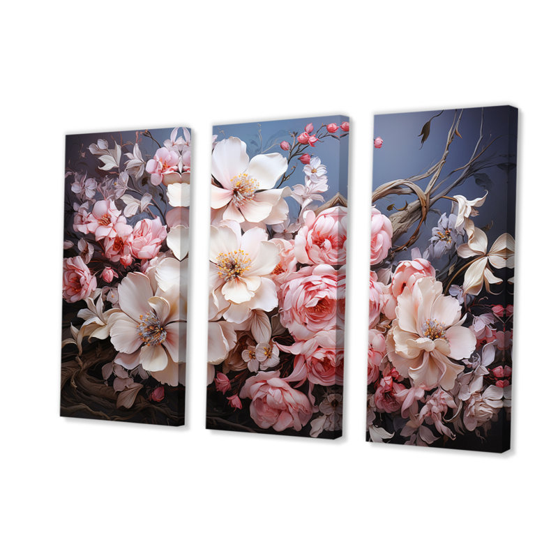 Couronne rose, impression romantique IV, 3 pièces, H 32 po x l 48 po x P 1 po