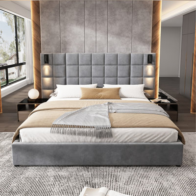 Upholstered Bed Frame,With Wall Sconce And USB Port, Wide Headboard by Latitude Run