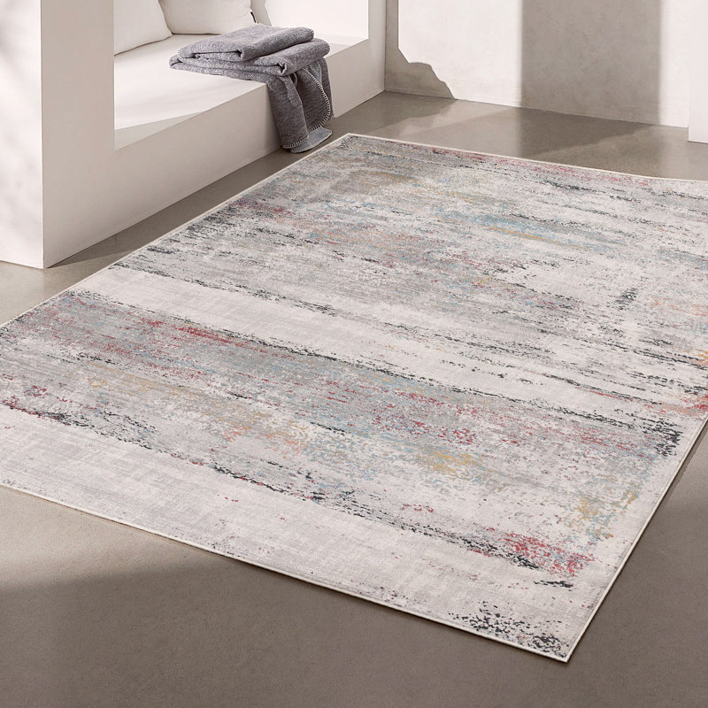 Rug Branch Esker 4' x 6' (3'9" x 5'6") Grey/Red Distressed Abstract Indoor Area Rug, Comtemporary, Medium Pile, Stain-Resistant Carpet - Living Room, Bedroom, Dining Room, and Kitchen