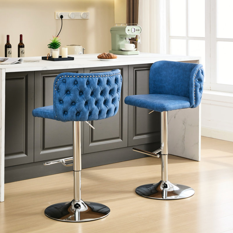De 2 tabourets de bar revêtus de polyuréthane bleu - hauteur réglable, pivotant sur 360 °, dossier ergonomique avec support à la taille, base en cuir d'une hauteur de 17,7 po, siège pour îlot de cuisine pour la maison