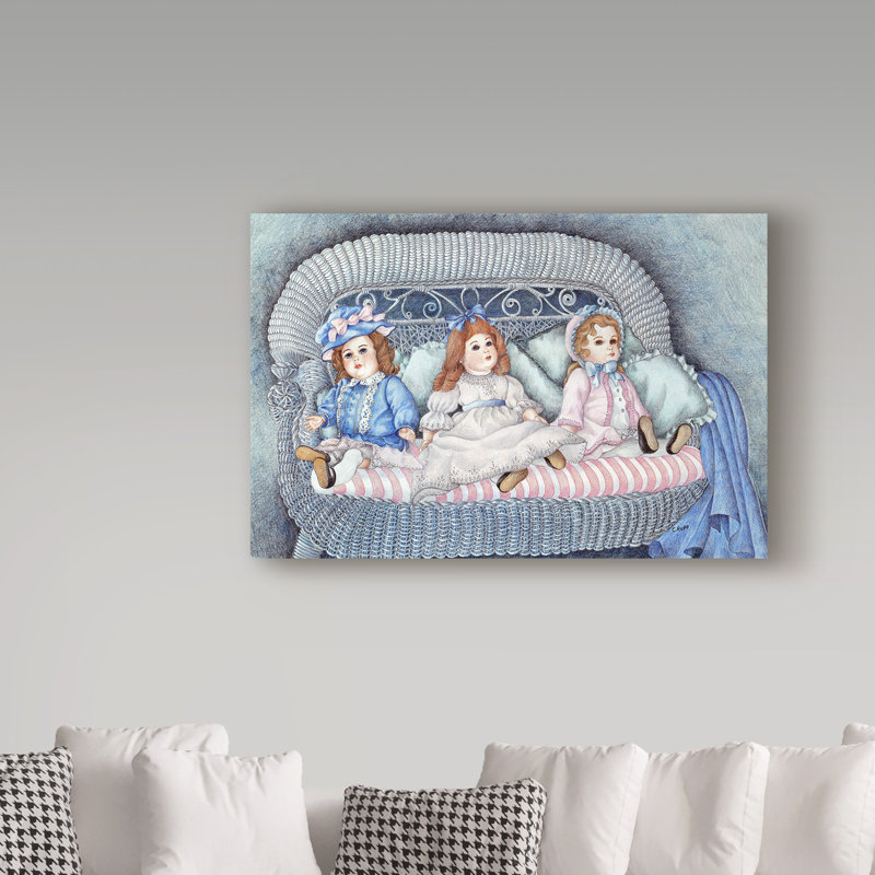 « mamies poupées », reproduction de peinture à l’acrylique sur toile tendue, H 22 po x l 32 po x P 2 po