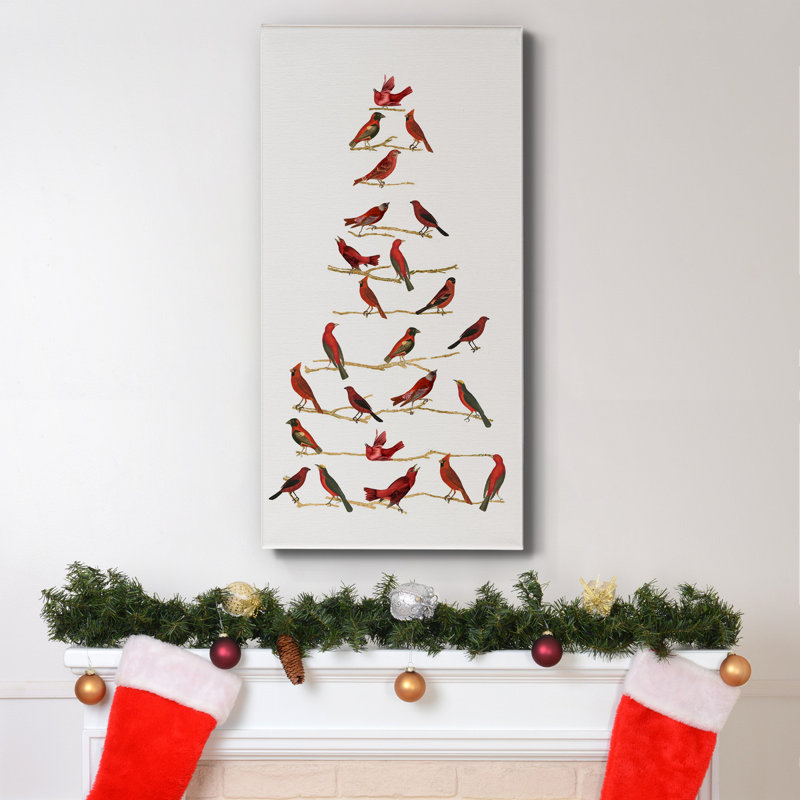 Red Bird Christmas Collection B, toile tendue avec châssis de qualité supérieure - prête à être accrochée