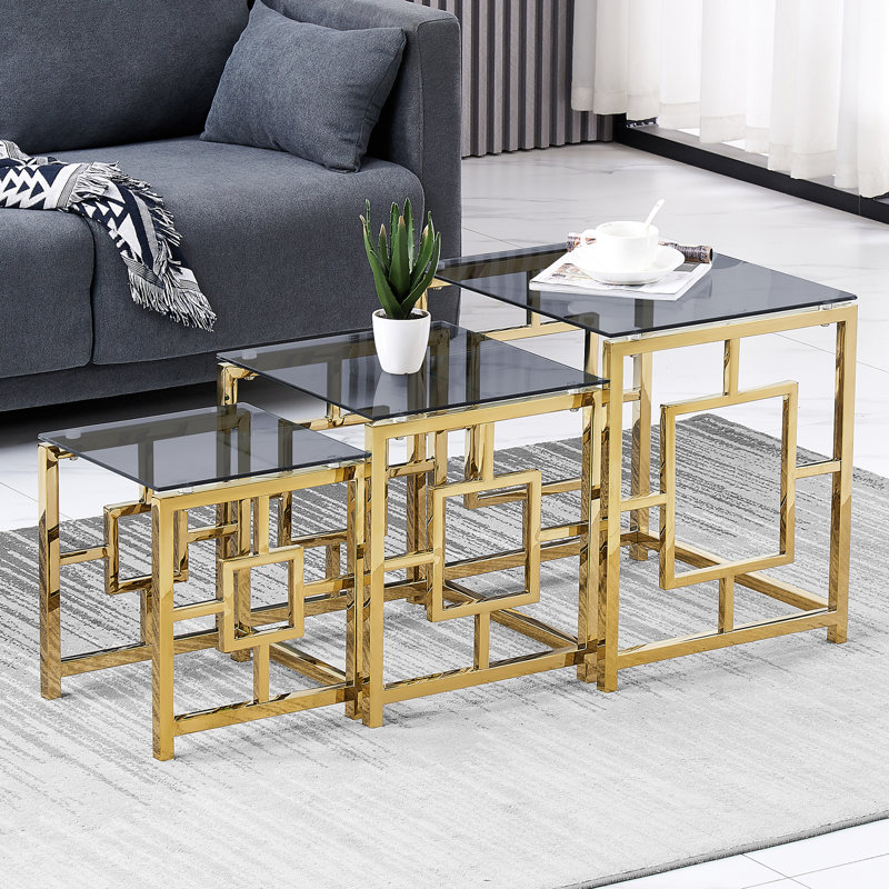 Broadoaks Classic 3 - Piece Stainless Steel Nest Of Tables With Tempered Glass Top For Living Room, Dark Top/Gold Base