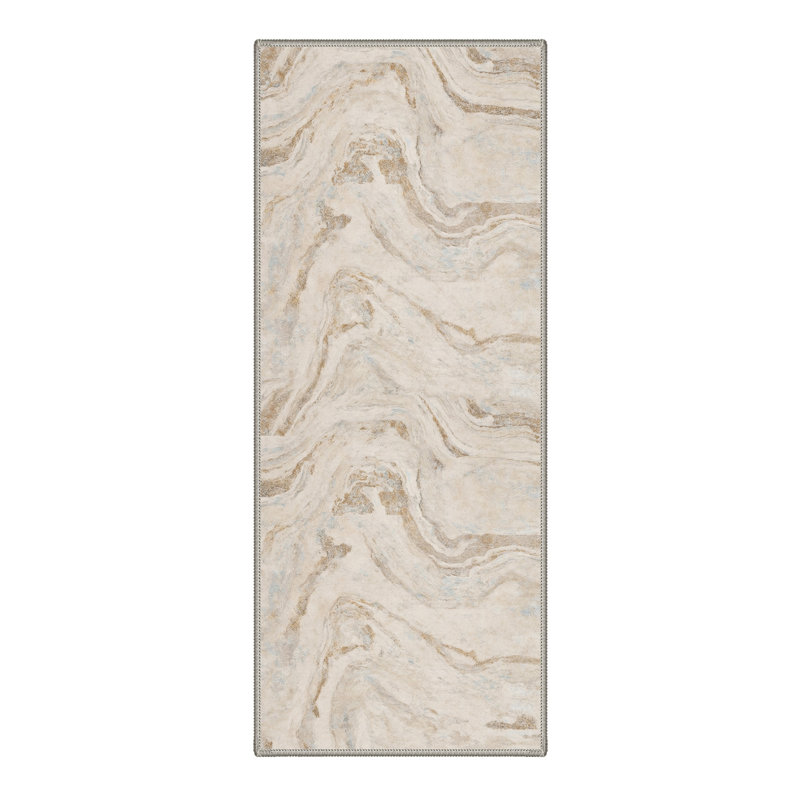 Tapis de couloir Atkins en marbre lavable à la machine ivoire / brun clair avec envers antidérapant, Rond 5 pi