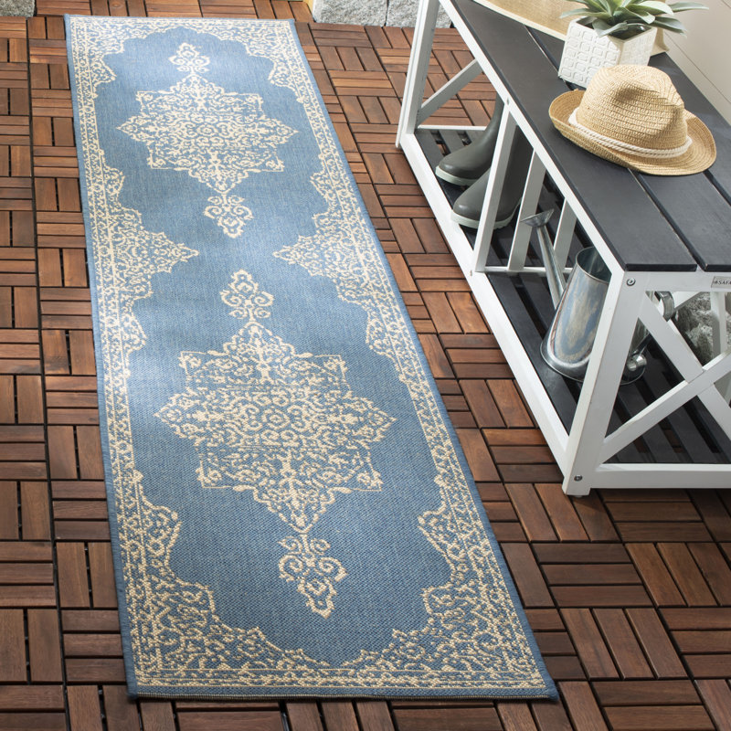 Danya Oriental Cream/Blue Indoor/Outdoor Area Rug, Runner 2'2" x 10'