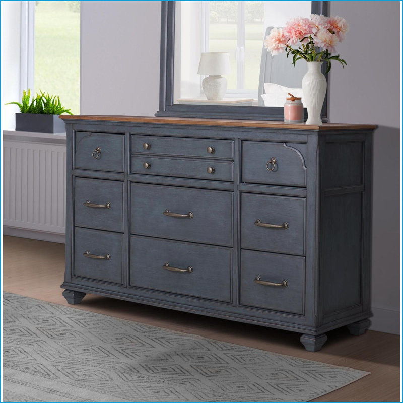 Commode avec 9 tiroirs à fermeture en douceur, sans assemblage requis, style côtier traditionnel, velours côtelé bleu | Bois d'hévéa