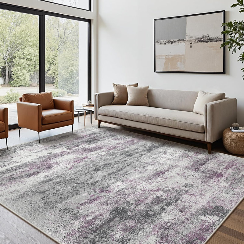 Tapis 8 x 10 pour la chambre à coucher du salon, tapis moderne lavable à la machine, grand tapis doux à poils courts avec envers antidérapant pour la salle à manger, gris / mauve