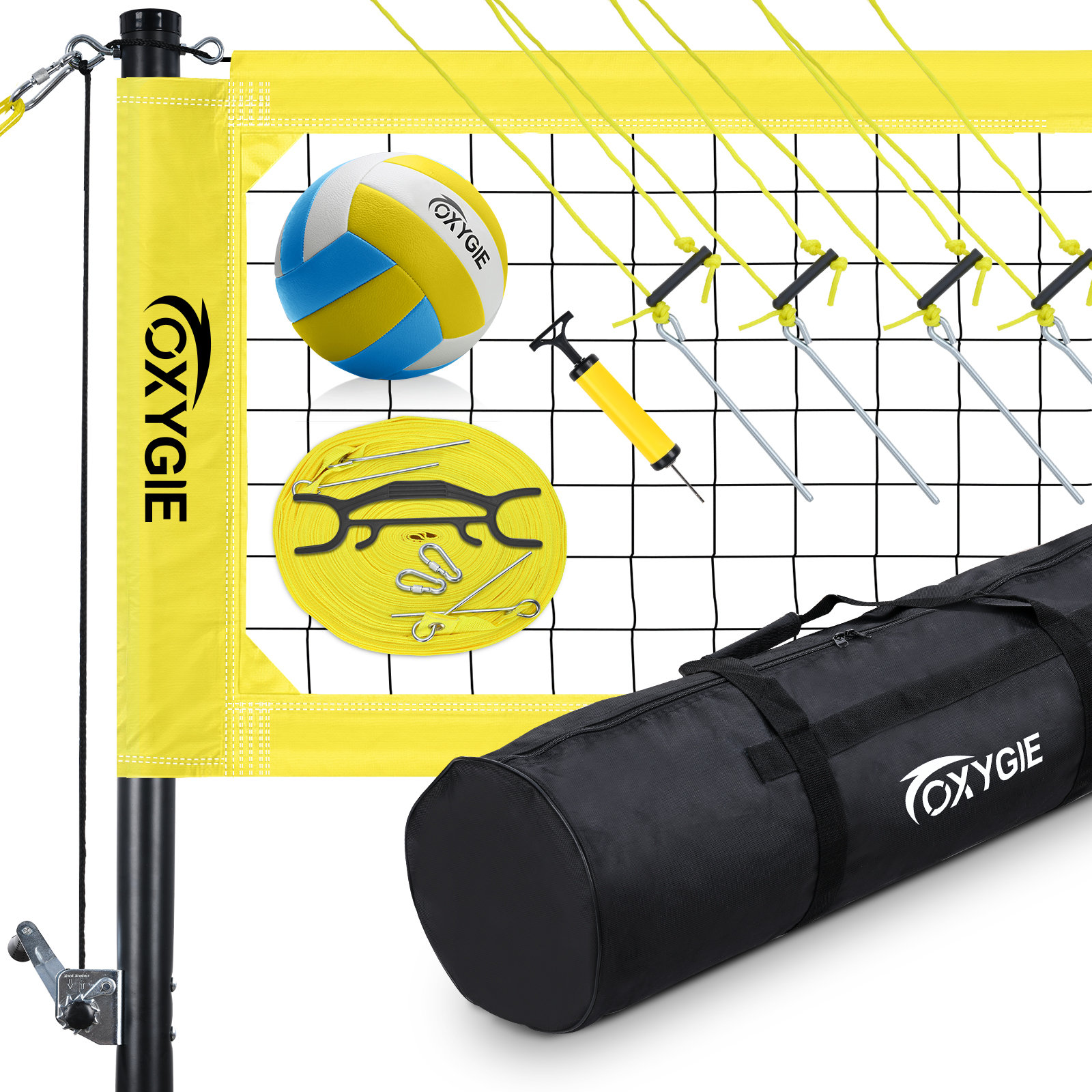 OXYGIE Volleyball Net Set with Adjustable Height Aluminum Poles, Winch