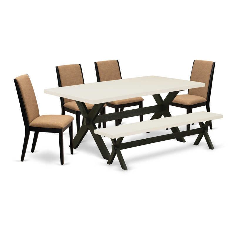 L'ensemble de salle à manger 6 pièces contient une table de salle à manger rectangulaire avec des pieds en X et 4 chaises Parson en tissu de lin sable clair avec un banc, finition noire brossée