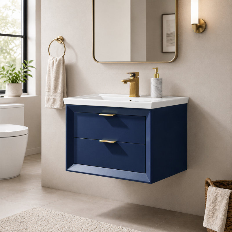 Ensemble de meuble-lavabo simple mural 24 po avec plateau en céramique Draven, bleu, null