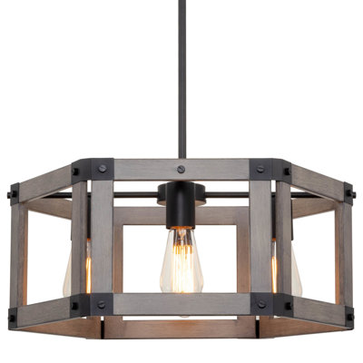 Dilks Pantilimon 20" 4-Light Farmhouse Pendant Chandelier + Hexagonal Open Design, Wood Style + Black Finish