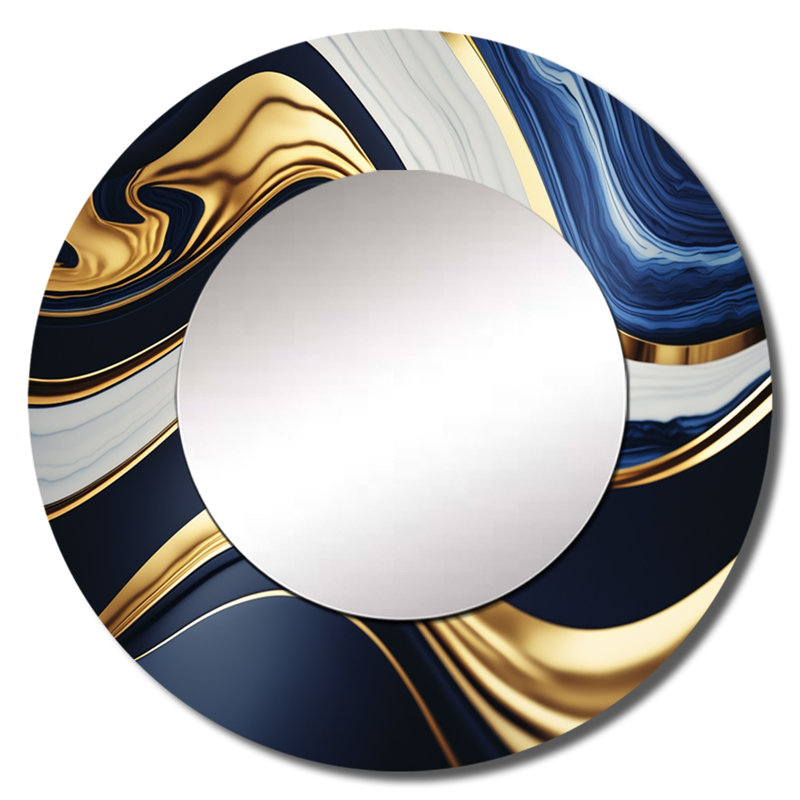 Omaira abstrait géométrique vagues bleues et dorées V - miroir décoratif abstrait, miroir mural rond moderne, art imprimé en métal