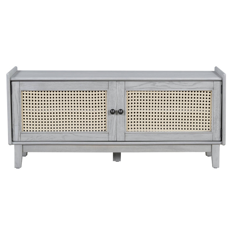 Rattan Entryway Bench With Storage, Cushioned Shoe Bench With Double Doors, Wooden Shoe Organizer Bench For Entryway And Hallway