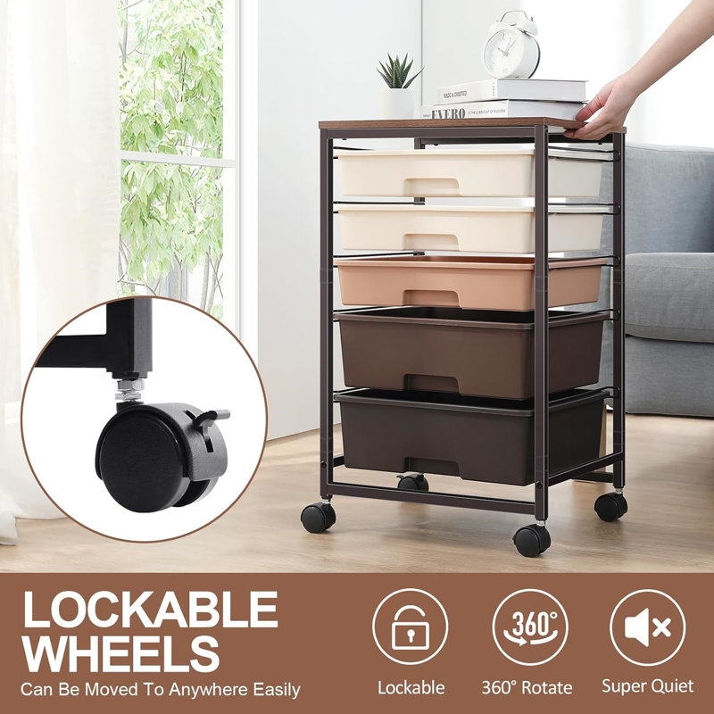 Utility Cart with 5 Drawers,Storage Drawer Cart with Wooden Tabletop and Lockable Wheels,5-Tier Rolling Utility Cart on Wheels