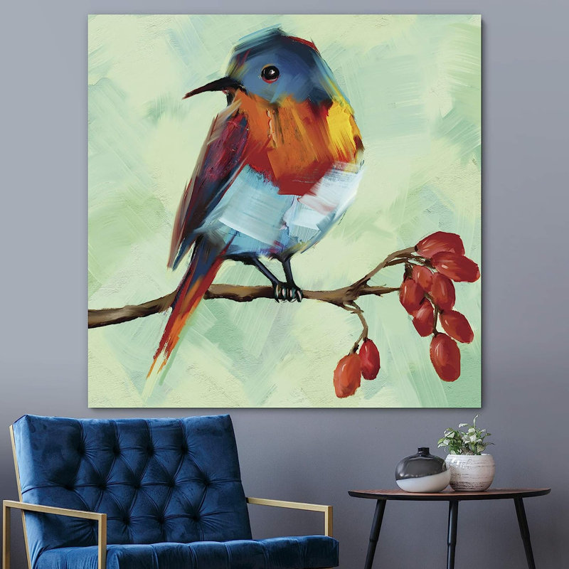 Oiseaux animaux mignons Coraciiformes bleu orange perchés sur une branche de cerisier sur fond vert sur toile