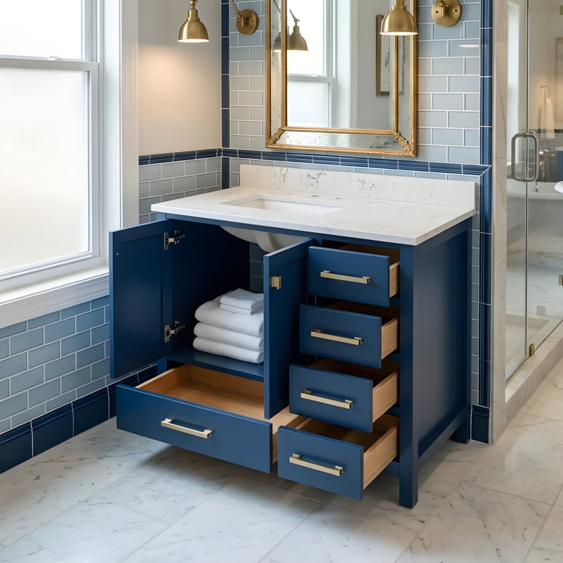 Meuble-lavabo moderne autoportant, Bleu / doré