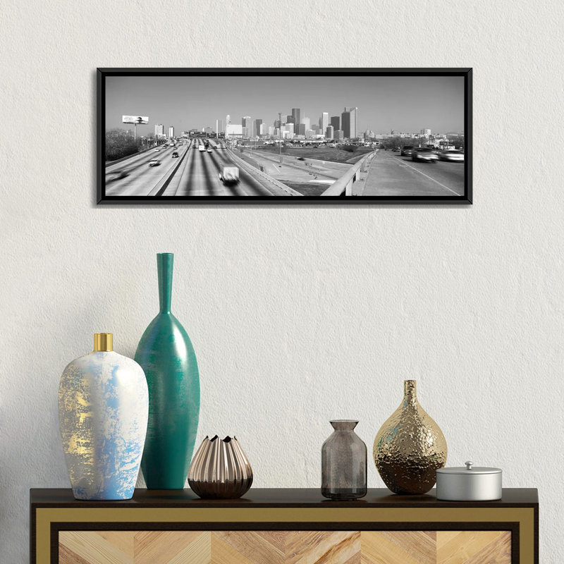 «Houston Panoramic Skyline Cityscape», reproduction de photo sur toile, H 16 po x l 48 po x P 0,75 po, Noir, Toile tendue