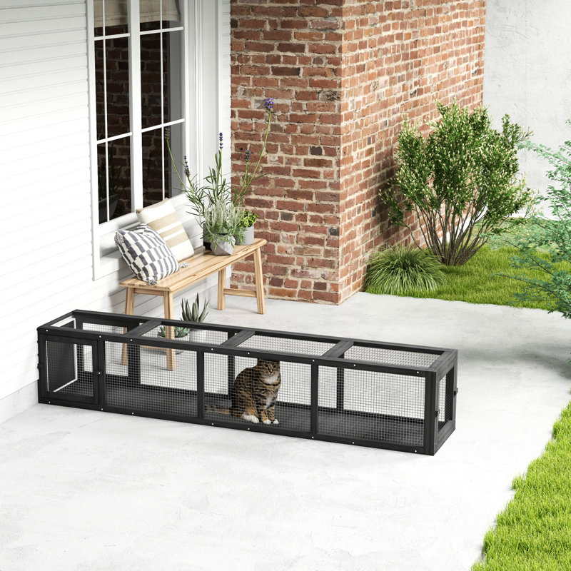 79" L Wooden Cat Tunnel From . Outdoor With Weather Proof. Dark Gray For Patio, Deck, Balcony. Multiple Entrances, Spacious Enjoyment Extendable L. Coating. Connects Inside & Outside. Four Doors.