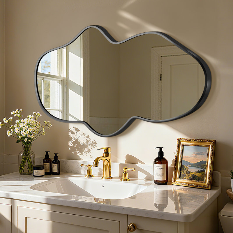 Modern Irregular Wall Mirror, Large Decorative Asymmetrical Vanity Mirror With Metal Frame For Bathroom, Bedroom, Living Room Or Entryway
