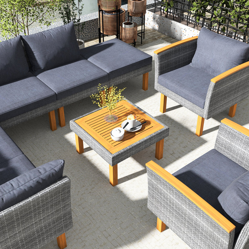 Ensemble de conversation 9 pièces en rotin gris pour l'extérieur avec pieds en bois d'acacia et plateau de table | Coussin lavable | Ensemble de canapé modulaire en PE avec table basse PE | Polyester et osier