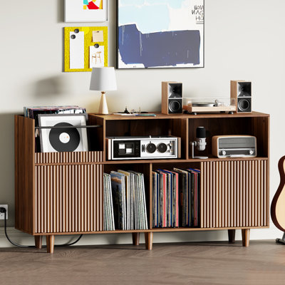 Retro Record Player Stand With LED Lights & Power Outlets - 500 Vinyl Storage Shelf For Living Room, Office by 17 Stories