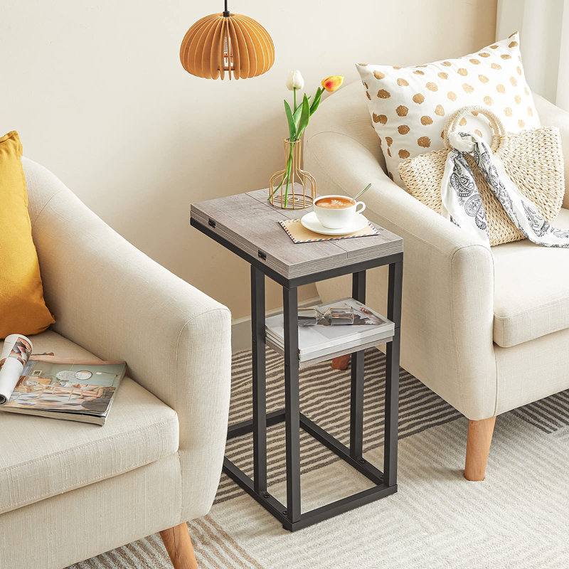 Table d'appoint pliable en forme de C avec tablettes de rangement; Glisse sous le canapé; Gris-brun