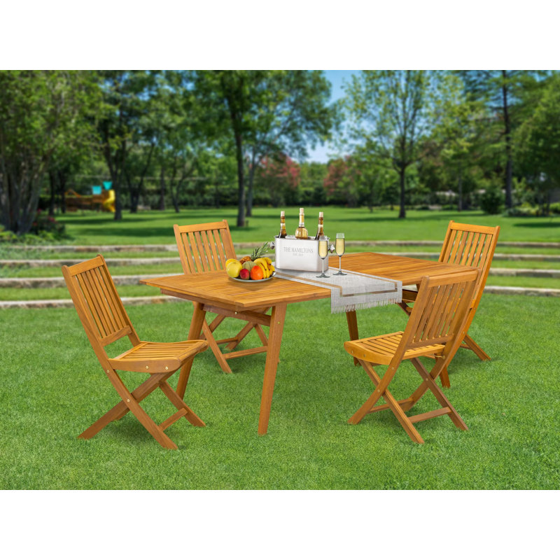 5 Piece Patio Dining Set Includes a Rectangle Outdoor Acacia Wood Table and 4 Folding Side Chairs, 40x72 Inch, Natural Oil