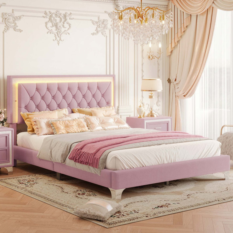 Grand cadre de lit tapissier grand avec lumières DEL, lit plateforme moderne en velours avec tête de lit capitonnée, Rose