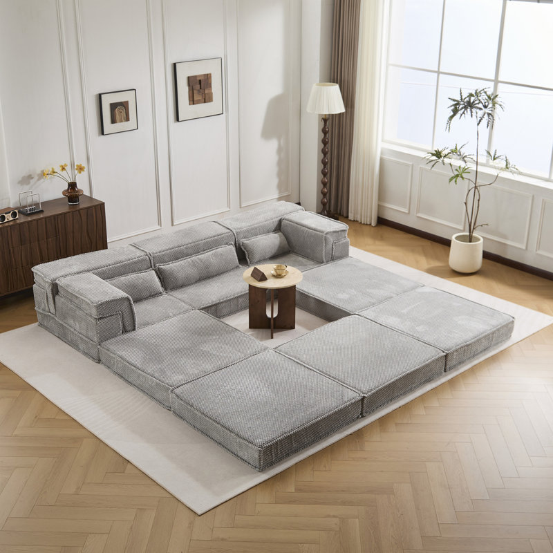 Canapé à compression, canapé convertible au sol, canapé modulaire désossé bricolage, aucun assemblage requis, tissu polaire circulaire, surdimensionné à 3 places avec 1 repose-pieds, gris clair