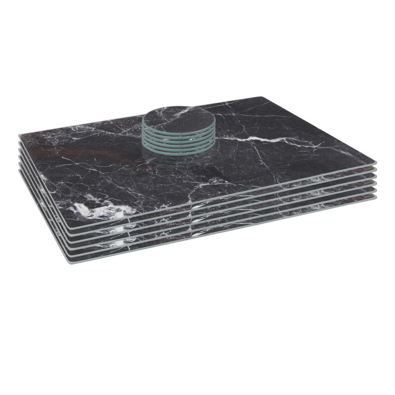 Harbour Housewares - 12pc Glass Placemats & Round Coasters Set, 40cm L x 30cm W, Black