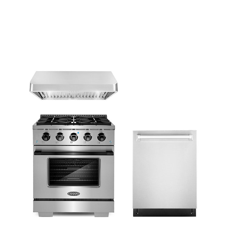 3 Piece Kitchen Package With 30" Freestanding Gas Range With Custom Handle And Knob Kit 30" Under Cabinet Range Hood 24" Built-in Fully Integrated Dishwasher