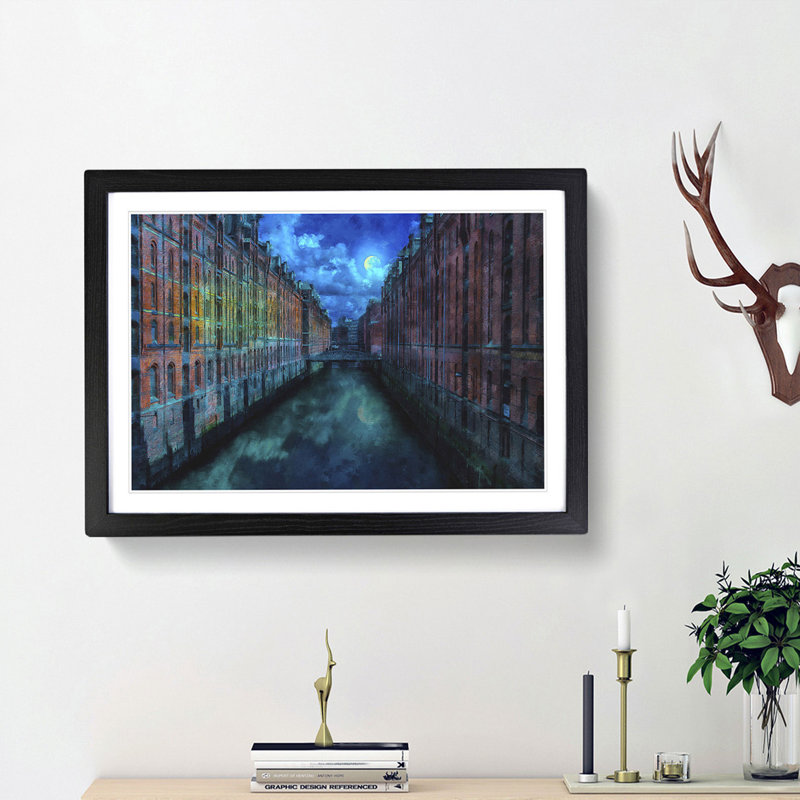 Canal Through Hamburg - Picture Frame Graphic Art Print, 24cm H x 33cm W x 2cm D, Black Framed