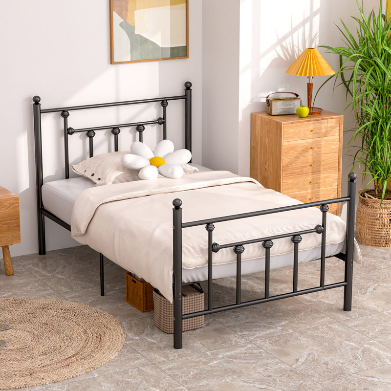 Double Metal Bed Frame with Headboard, Black, Single (3')