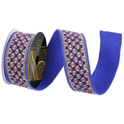 2" x 5yd Blue Velvet Wired Ribbon with Thread detailing and Jewels. Blue Dupion Backing. Measuring 2 inches in width and 5 yards in length, it's perfect for a variety of festive projects.