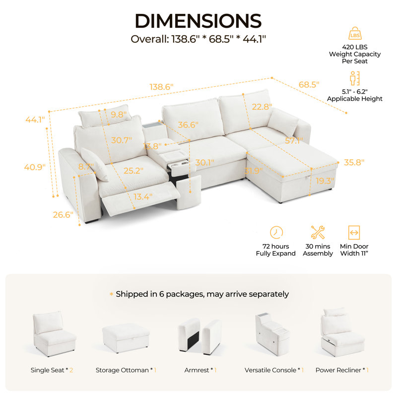 Canapé inclinable électrique surdimensionné en chenille 4 places avec repose-tête, canapé modulaire Cloud avec table convertible, chargement, tiroir, porte-gobelet et repose-pieds avec rangement