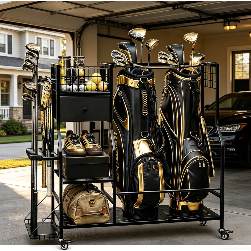 Organisateur de sacs de golf pour le garage, support de rangement de golf avec 6 fentes pour club, tiroir en tissu et roues verrouillables, peut contenir 2 sacs, pour le rangement de golf à la maison