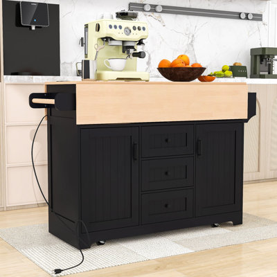 Rolling Expandable Kitchen Island with 2 Drop Leaf, Built-In Power Outlets and Storage Cabient by Lark Manor